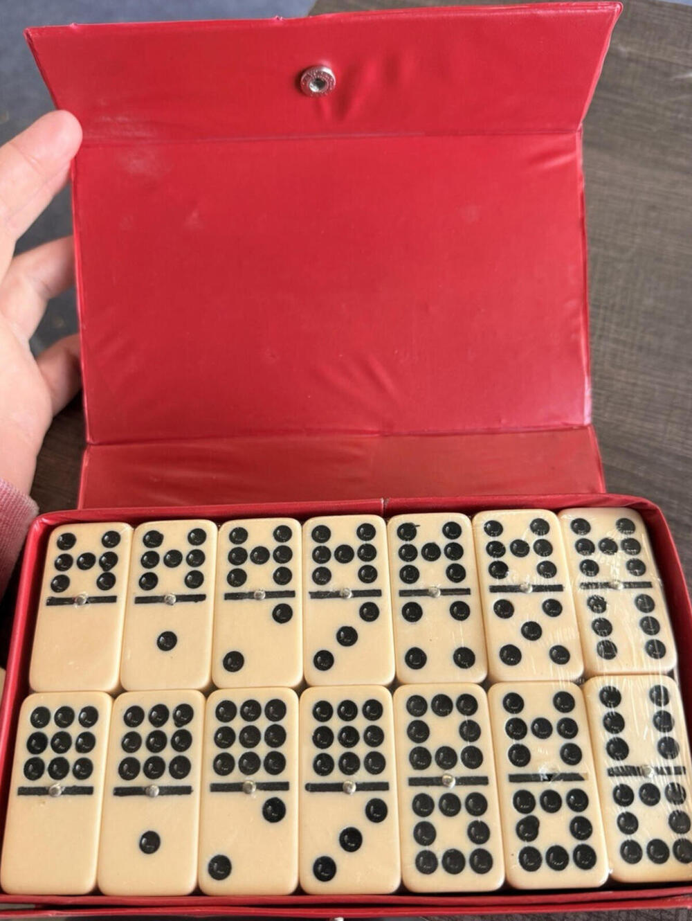 Vintage Dominoes Tile Game Set with Red Case and Instructions Strategy Theme